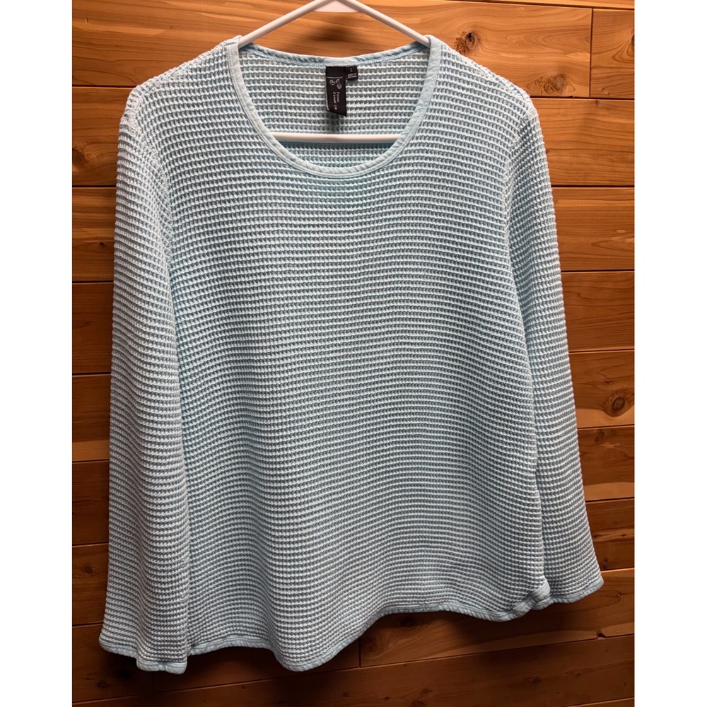 Focus Casual Life Womens L Light Blue Waffle Knit 100% Cotton Thermal Sweater